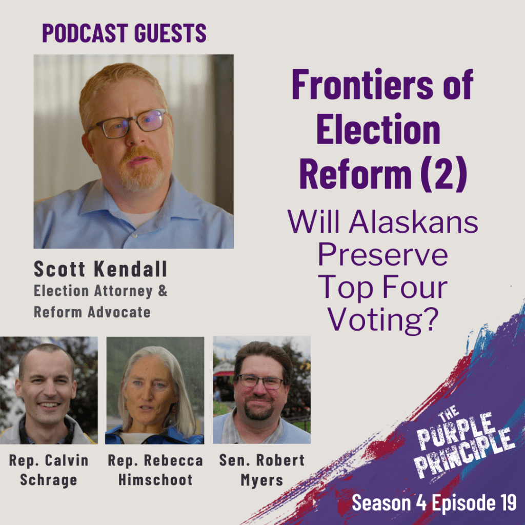 Episode artwork featuring this Season 4 Episode 19 title and featured guests: Scott Kendall, Representative Rebecca Himschoot, Representative Calvin Schrage, and Senator Robert Myers.