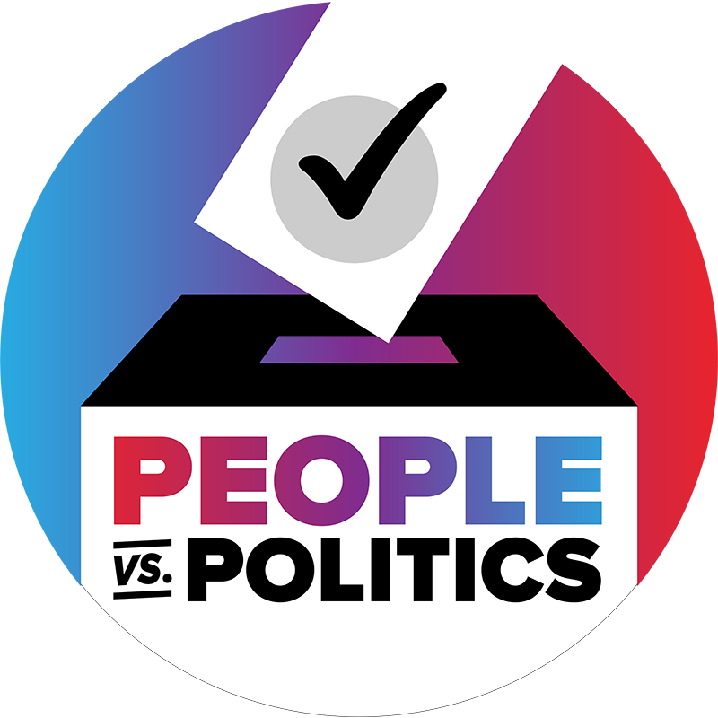 People vs. Politics documentary logo showing a ballot with a checkmark being inserted into a ballot box, with a red-to-blue gradient background.